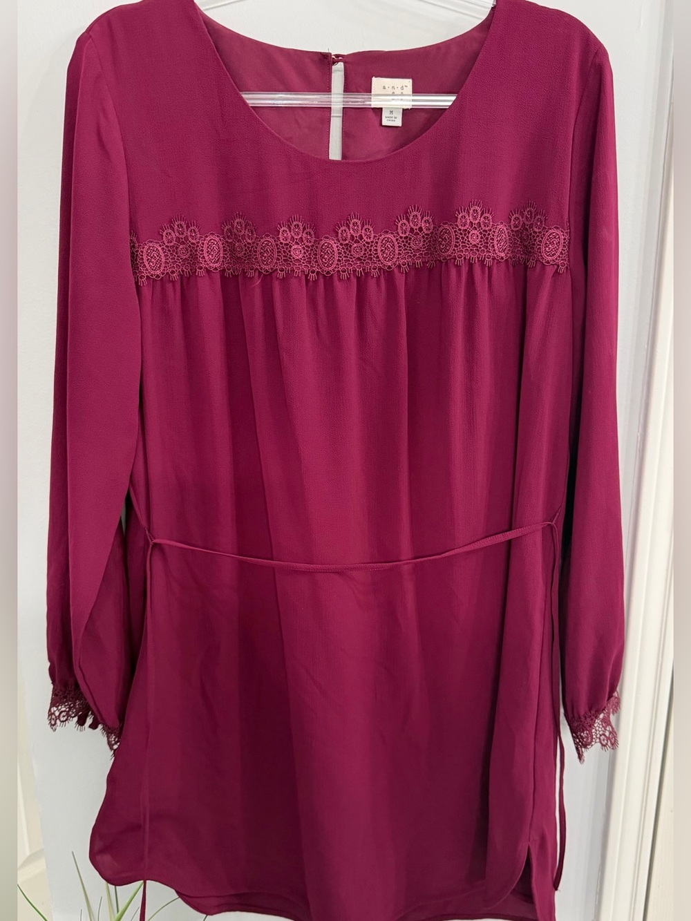 AND Magenta Lace-Trim Long Sleeve Dress